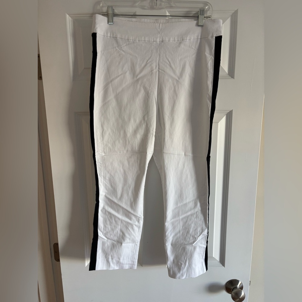 🟢INC. white pull on stretch pants with black military piping on leg. Size 12